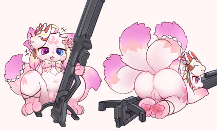 3_tails animal_mask anthro big_butt blue_eyes bow_tie butt facial_markings female flower_on_head forehead_markings fox_mask front_view fur genitals gun head_markings heterochromia humanoid_genitalia humanoid_vulva innie_vulva leaning leaning_backward lying markings mask mask_on_head multi_tail multiple_poses on_front open_mouth open_smile paws pink_body pink_fur pose purple_eyes quadruped ranged_weapon rear_view simple_background smile solo tail thick_thighs vulva weapon white_background wide_hips re5yls xiaojiu canid canine fox mammal 2025 digital_drawing_(artwork) digital_media_(artwork) hi_res