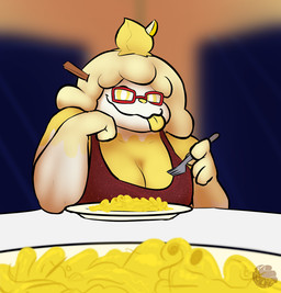 cheese clothing cutlery dairy_products dinner_date dinner_table dress eyewear female food fork fruit glasses kitchen_utensils lemon looking_at_viewer macaroni macaroni_and_cheese overweight overweight_female pasta plant red_eyewear red_glasses smile smiling_at_viewer tools logtut nintendo pokemon generation_6_pokemon pokemon_(species) slurpuff