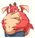 anthro belly belly_squeeze blep horn male moobs navel nipples overweight overweight_male red_body scar shirtless solo tail tongue tongue_out wings merkavat mythology tamacolle oumi_(tamacolle) dragon mythological_creature mythological_scalie scalie hi_res