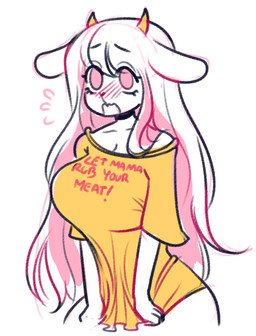 anthro big_breasts blush bottomless breasts cleavage clothed clothing clothing_pull covering covering_crotch embarrassed eyelashes female hair horn open_mouth pink_eyes shirt shirt_pull solo text text_on_clothing text_on_shirt text_on_topwear thick_thighs topwear topwear_pull white_body white_hair yellow_clothing yellow_shirt yellow_topwear saasu meme_clothing bovid caprine mammal sheep meme