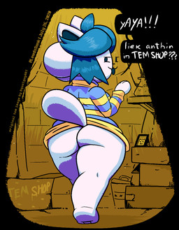 4_ears anthro beady_eyes big_butt blue_hair bottomless breasts butt clothed clothing dialogue female fur hair looking_at_viewer looking_back multi_ear open_mouth open_smile pattern_clothing pattern_shirt pattern_topwear rear_view shirt shortstack shortstack_female smile solo speech_bubble striped_clothing striped_shirt striped_topwear stripes text topwear walking white_body white_fur wide_hips lewdssonk qoolbunart undertale undertale_(series) temmie_(undertale) canid canine felid feline mammal tem 2020 absurd_res aliasing digital_media_(artwork) english_text hi_res restricted_palette