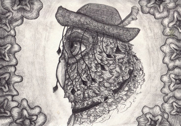 ambiguous_gender anthro border clothing flower hat headgear headwear plant side_view solo rackuur avian bird owl graphite_(artwork) headshot_portrait portrait traditional_media_(artwork)