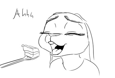 anthro cake cutlery dessert eyes_closed feeding female food fork kitchen_utensils simple_background solo text tools white_background spoof_(artist) disney zootopia judy_hopps lagomorph leporid mammal rabbit hi_res line_art monochrome