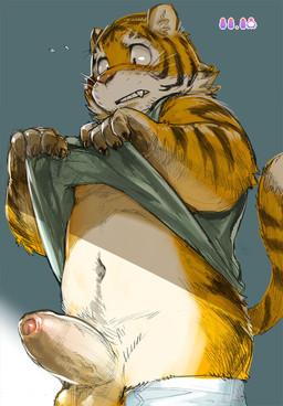 anthro balls big_balls big_penis biped bottomwear bottomwear_down clothed clothing clothing_lift erection foreskin genitals glans gradient_background grey_background humanoid_genitalia humanoid_penis looking_at_genitalia looking_at_own_penis looking_at_penis looking_at_self looking_down male navel pants pants_down partially_clothed penis pink_glans shirt shirt_lift simple_background slightly_chubby solo standing surprised teeth thick_penis topwear white_penis kita_9999 kitajiro2 big_dick_day felid mammal pantherine tiger hi_res source_request