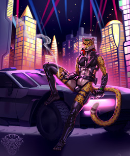 anthro armor armored_boots body_armor bodysuit boots building bulge car cigarette cigarette_smoke city city_background claws clothed clothing criminal cybernetics cyberpunk cyberware detailed_bulge dreadlocks exposure_variation finger_claws fingerless_gloves footwear front_view fur futuristic garter_straps gauntlets gloves green_hair gun hair handgun handwear holding_cigarette holding_object holstered_pistol knife latex latex_bodysuit latex_clothing latex_legwear latex_skinsuit latex_stockings legwear looking_at_viewer machine male markings neon neon_glow night one_leg_up pistol raised_leg ranged_weapon red_eyes seductive shoes sitting_on_car skimpy skinsuit skyscraper smile smiling_at_viewer smirk smirking_at_viewer smoke smuggler solo spotlight spots spotted_body spotted_fur stockings straps tactical_belt thong tight_clothing toe_claws toeless_boots toeless_footwear translucent translucent_latex unconvincing_armor underwear vehicle weapon ladychimaera cd_projekt_red cyberpunk_2077 russ_cybercheetah cheetah felid feline mammal 2023 5:6 hi_res