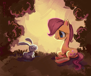 adolescent blue_eyes cutie_mark duo female feral grass hair lying on_side pink_hair plant quadruped simple_background smile sunset tail tree wood young young_female young_feral holivi friendship_is_magic hasbro my_little_pony angel_(mlp) fluttershy_(mlp) equid equine horse lagomorph leporid mammal pony rabbit 2012 hi_res