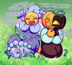 amy_(tuvandalist) begging_to_stop blush blush_lines bodily_fluids body_blush clothing crying_laughing dialogue drooling drooling_laughing duo feet female flower_head foot_blush for_a_head glistening glistening_body jerry_(tuvandalist) laugh male male/female overalls plant pumpkin_head restrained restraints saliva tears tentacles tickle_fetish tickle_torture tickling tickling_armpits tickling_belly tickling_feet vine_tentacles vines tuvandalist humanoid object_head hi_res