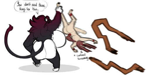 anthro assisted_exposure big_breasts breasts clothing duo embarrassed female horn huge_breasts imminent_sex interspecies male male/female nude undressing dongwongtang mythology okiora equid equine haplorhine mammal monkey mythological_creature mythological_equine primate unicorn