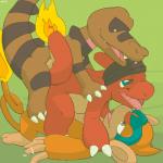 1:1 aliasing anal anal_penetration anthro argon_vile bandanna_on_forehead black_kerchief bodily_fluids charmeleon crocodilian cum digital_media_(artwork) double_anal double_penetration fire flaming_tail from_behind_position generation_1_pokemon generation_4_pokemon generation_5_pokemon genital_fluids group group_sex kerchief krokorok looking_pleasured lying male male/male male_on_bottom male_on_top male_penetrated male_penetrating male_penetrating_male mammal monferno mounting nintendo on_back on_bottom on_top on_top_of open_mouth orange_body orange_skin penetration perching_position pokemon pokemon_(species) primate raised_tail recording reptile scalie sex straddling tail threesome tongue tongue_out torogao trio