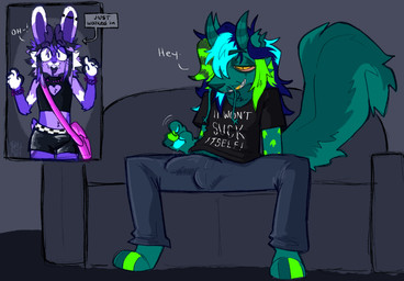 alternative_fashion anthro antlers blush bottomwear bulge clothed clothing denim denim_bottomwear denim_clothing duo emo erection erection_under_clothing furniture horn inviting_to_sex jeans leather leather_clothing male male/male pants presenting simple_background sofa tenting funeralfugitive it_ain't_gonna_do_itself chug_(character) knite demon hybrid jackalope lagomorph mammal mephitid skunk hi_res