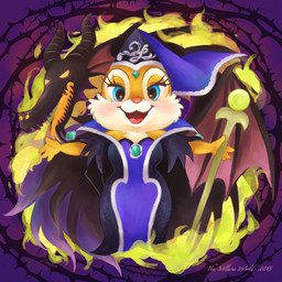 anthro blue_eyes blush breath_powers cheek_tuft chest_tuft clothing costume dress duo elemental_manipulation eyelashes facial_tuft female fire fire_breathing fire_manipulation forked_tongue hat headgear headwear holding_object horn looking_at_viewer open_mouth open_smile orange_eyes orange_tongue pink_nose smile solo_focus spread_arms staff text tongue tuft wings year jiruko chip_'n_dale disney mythology sleeping_beauty_(1959) clarice_(disney) maleficent chipmunk dragon ground_squirrel mammal mythological_creature mythological_scalie rodent scalie sciurid 1:1 2015 digital_media_(artwork) english_text signature