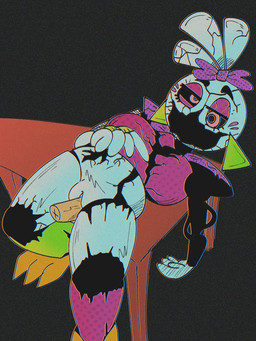 anthro beakless black_background black_sclera bottomless clothed clothing disembodied_penis ear_piercing eyelashes eyeshadow feathers female genitals head_feathers head_tuft lying machine makeup male male/female on_back penetration penis piercing pink_bow pink_clothing pink_eyes pink_eyeshadow pink_topwear shoulder_pads simple_background solo thick_thighs topwear tuft vaginal vaginal_penetration vulva white_body white_feathers wide_hips clussy_fan five_nights_at_freddy's five_nights_at_freddy's:_security_breach scottgames steel_wool_studios glamrock_chica shattered_glamrock_chica animatronic avian bird chicken galliform gallus_(genus) phasianid robot 3:4