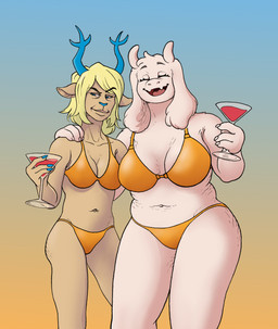 anthro antlers big_breasts bikini blonde_hair blue_eyes blue_nails blue_nose breasts cellulite clothing cocktail_glass colored_nails container cup drinking_glass eyebrows female fur glass glass_container glass_cup gold_bikini hair hand_on_shoulder holding_glass holding_object horn laugh mature_anthro mature_female medium_breasts nails raised_eyebrow slightly_chubby slightly_chubby_anthro slightly_chubby_female smile stretch_marks swimwear tan_body tan_fur two-piece_swimsuit white_body white_fur barbanova deltarune golden_week undertale_(series) carol_holiday toriel boss_monster_(undertale) bovid caprine deer goat mammal new_world_deer reindeer absurd_res hi_res