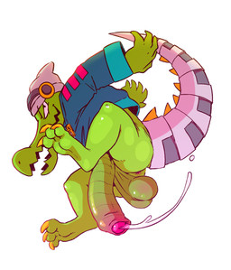action_pose anthro anus balls balls_blush beanie big_balls big_penis blue_clothing blue_topwear blush bodily_fluids body_blush bottomless claws clothed clothing cybernetics dripping electronics flaccid foreskin genital_fluids genitals glans green_body hat headgear headphones headwear humanoid_genitalia humanoid_penis long_penis loose_foreskin machine male non-mammal_balls partially_retracted_foreskin penis pose precum precum_drip saggy_balls simple_background smile solo toe_claws topwear white_background banana_da_boi lethal_league latch crocodile crocodilian cyborg reptile scalie 2019 absurd_res hi_res