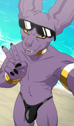anthro beach blonde_hair clothing eyewear gesture hair hand_gesture male nipples open_mouth purple_body selfie smile solo speedo sunglasses swimwear v_sign water zimakum dragon_ball dragon_ball_super beerus domestic_cat felid feline felis humanoid mammal absurd_res hi_res
