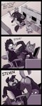 annoyed anthro anus bottomwear bottomwear_down business_suit butt canid canine canis chair clothed clothed_anthro clothed_male clothing coffee_mug comic computer computer_mouse dialogue domestic_cat domestic_dog duo electronics eyes_closed facial_tuft felid feline felis floppy_ears footwear furniture head_tuft hi_res humor looking_at_another male male/male mammal necktie office office_chair open_mouth pants pants_down partially_clothed presenting presenting_hindquarters raised_tail shoes suit tail talking_to_another teasing tirrel tuft unprofessional_behavior x_anus