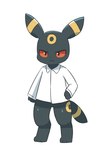 anthro black_body black_ears black_tail bottomless clothed clothing digitigrade shirt solo standing tail topwear topwear_only white_clothing white_shirt white_topwear yellow_ears yellow_tail sum nintendo pokemon eeveelution generation_2_pokemon pokemon_(species) umbreon full-length_portrait portrait