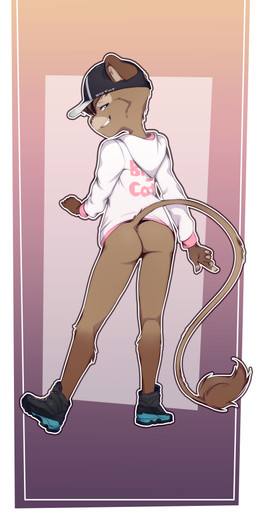 5_fingers anthro baseball_cap biped bottomless brown_hair butt clothed clothing female fingers footwear fur hair hat headgear headwear hoodie humanoid_hands looking_at_viewer looking_back looking_back_at_viewer oversized_clothing oversized_hoodie oversized_topwear shoes simple_background smile smirk sneakers solo tail text text_on_clothing text_on_hat text_on_headwear text_on_hoodie text_on_topwear thin_tail topwear underwear young young_anthro young_female sicmop keila_(hendric) felid lion mammal pantherine 2023 absurd_res digital_media_(artwork) english_text hi_res