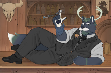 anthro antlers bar blue_body blue_fur clothing cuff_(restraint) facial_hair fur furniture goatee green_body green_fur green_hair hair handcuffs horn looking_at_viewer lying male male_anthro metal_cuffs musclegut muscular muscular_anthro muscular_male mustache on_side on_table overweight overweight_anthro overweight_male restraints sheriff solo table tail topwear vest white_body white_fur white_hair gol1ath canid canine deer hybrid mammal 2025 hi_res
