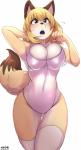 5_fingers anthro big_breasts blonde_hair blue_eyes blush breasts brown_body brown_fur cheek_tuft cleavage clothed clothing dipstick_tail facial_tuft female fingers front_view fur hair kemono legwear leotard markings multicolored_tail one-piece_swimsuit open_mouth orange_body orange_fur raised_arm school_swimsuit simple_background solo stockings swimwear tail tail_markings thick_thighs thigh_highs tuft white_background buried_frog canid canine fox mammal 2018 absurd_res hi_res portrait three-quarter_portrait