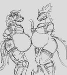 anthro armor duo female female/female pregnant pauliusthemad vwpologt warhammer_(franchise) stormvermin lizard lizardman lizardman_(warhammer) mammal murid murine rat reptile rodent saurus scalie skaven hi_res monochrome