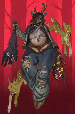3_eyes 5_fingers abstract_background ambiguous_feral ambiguous_gender anthro antlers bikini bikini_thong black_choker black_jewelry black_necklace blank_expression blood blood_drip blood_from_mouth blood_in_mouth blood_on_chest bodily_fluids body_horror bottomwear breasts broken_antler brown_antlers brown_bikini brown_body brown_clothing brown_fur brown_hair brown_hooves brown_swimwear choker cleavage clothed clothing countershade_torso countershading crooked_teeth cross cross_piercing dead_animal denim denim_bottomwear denim_clothing dripping dull_eyes facial_piercing fangs female feral fingers forest freckled_chest freckled_face freckled_legs freckled_thighs freckles front_view fur gradient_hair group hair hair_over_eye holding_severed_head hooves horn horror_(theme) humanoid_hands inner_ear_fluff intimidation jacket jeans jewelry lip_piercing long_legs looking_at_viewer love_handles low-angle_view medium_hair missing_arm multi_eye navel navel_piercing necklace nosebleed notched_ear open_bottomwear open_clothing open_jacket open_pants open_topwear orange_eyes oversized_bottomwear oversized_clothing oversized_pants pants pattern_bikini pattern_clothing pattern_swimwear piercing plant pointy_ears possession prick_ears pubes red_background red_eyes running scary scut_tail severed_body_part severed_head sharp_teeth short_tail simple_background slightly_chubby slightly_chubby_anthro slightly_chubby_female snaggle_tooth standing striped_bikini striped_clothing striped_swimwear stripes swimwear tail tears teeth thick_thighs topwear torn_bottomwear torn_clothing torn_pants tree tuft two-piece_swimsuit under_boob unusual_anatomy unusual_mouth_placement walking wolfertinger shiloh_the_deer_(wolfertinger) canid canine canis deer eldritch_abomination mammal undead wolf 2026 colorful_theme digital_media_(artwork) full-length_portrait hi_res portrait shaded soft_shading trans_(lore) trans_man_(lore)