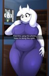 anthro belly_outline big_breasts breasts cellphone clothing curvy_figure dress electronics female fur hand_on_hip holding_cellphone holding_object holding_phone mature_female mirror navel_outline nipple_outline phone potbelly reflection selfie solo text thick_thighs tight_clothing tight_dress voluptuous white_body white_fur wide_hipped_female wide_hips foxsuo undertale undertale_(series) toriel boss_monster_(undertale) bovid caprine mammal absurd_res english_text hi_res