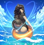 anthro beach black_body black_fur black_hair black_nose breasts brown_body brown_fur butt clothed clothing female fingers fur hair humanoid_hands inflatable inner_tube looking_at_viewer looking_back looking_back_at_viewer monokini multicolored_body multicolored_fur open_mouth open_smile sea seaside smile solo swimwear teeth two_tone_body two_tone_fur water shen_art jenni_(jennibutt) canid canine canis domestic_dog mammal pomeranian spitz 2022 absurd_res digital_media_(artwork) hi_res signature