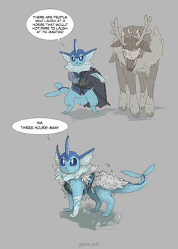 2_horns ambiguous_gender black_text blue_body blue_eyes clothing dialogue duo exclamation_point feral fur grey_background grey_text holding_melee_weapon holding_object holding_sword holding_weapon horn melee_weapon mouth_closed obscured_eyes paws pupils quadruped scabbard simple_background speech_bubble sword tail text weapon white_pupils goblin_serf nintendo pokemon eeveelution generation_1_pokemon generation_5_pokemon pokemon_(species) sawsbuck vaporeon winter_sawsbuck 2025 artist_name english_text hi_res