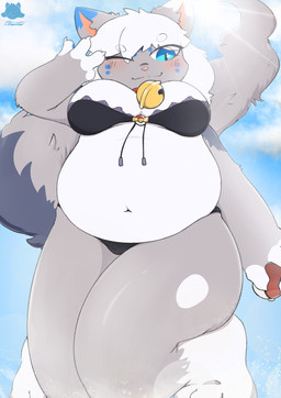 anthro beach bell bell_collar belly bikini bra breasts butt claws clothing collar collar_ring feet female fluffy fluffy_tail gesture hand_gesture jingle_bell jingle_bell_collar navel overweight overweight_female paws pokeball pose seaside sky slightly_chubby solo swimwear tail thick_thighs tight_clothing toes two-piece_swimsuit underwear v_sign water young young_female thaasteo nintendo pokemon domestic_cat felid feline felis mammal absurd_res hi_res pinup