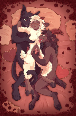 2_horns 3_eyes ambiguous_gender anthro aroused bed black_body black_fur blush bodily_fluids brown_body brown_fur claws cloven_hooves countershade_face countershading erection eyes_closed fangs finger_claws flower fur furniture genital_fluids genitals gloves_(marking) groping_chest group group_sex hand_on_chest hand_on_penis handjob head_tuft heart_pillow hooves horn licking_body long_tail male mane markings monochrome_body multi_eye paws penile penis petals pillow plant pointy_ears precum red_eyes rose_(flower) rose_petals sex sharp_teeth small_tail snout tail teeth threesome tuft unguligrade white_body white_fur white_wool wool_(fur) freckledbastard cult_of_the_lamb massive_monster_(studio) goat_(cult_of_the_lamb) lamb_(cult_of_the_lamb) narinder bovid caprine domestic_cat felid feline felis goat mammal sheep absurd_res hi_res restricted_palette