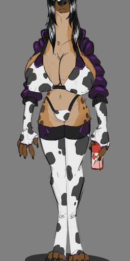 animal_print anthro big_breasts black_hair breasts brown_body brown_fur claws clothing cow_print female fur gloves grey_background hair handwear holding_object horn jacket nipple_outline obscured_eyes purple_clothing purple_jacket purple_topwear simple_background solo standing topwear min_(artist) bovid bovine cattle gnoll hybrid hyena mammal 2023 absurd_res digital_media_(artwork) hi_res