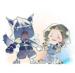 anthro armor black_body black_fur blush bottomwear chibi clothing doll duo fur male muscular muscular_anthro muscular_male pants pauldron shocked bluesugar1062 bandai_namco digimon digimon_beatbreak kyo_sawashiro digimon_(species) felid human mammal murasamemon pantherine