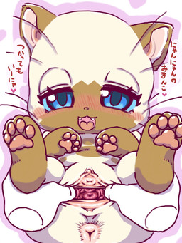 anthro anthro_focus anus bedroom_eyes biped blue_eyes blush brown_body brown_fur clitoral_hood clitoris cute_fangs dialogue digitigrade disembodied_hand duo fangs feet female female_anthro female_focus footprint front_view fur genitals half-closed_eyes handpaw hindpaw inner_labia leg_markings markings multicolored_body multicolored_fur narrowed_eyes nude nude_anthro nude_female open_mouth open_smile pawprint pawprint_(marking) paws seductive semi-anthro simple_background smile socks_(marking) solo_focus spread_vulva spreading teeth text two_tone_body two_tone_fur urethra vulva whiskers white_background white_body white_fur y_anus young young_anthro young_female diru capcom monster_hunter felid felyne lynian mammal 2022 3:4 cel_shading digital_drawing_(artwork) digital_media_(artwork) hi_res japanese_text shaded