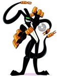 1_eye anthro black_body black_ears black_tail fangs green_eyes long_ears looking_at_viewer solo tail teeth white_body yellow_body yellow_ears yellow_tail hevinsane ben_10 cartoon_network feedback_(ben_10) alien conductoid humanoid 3:4 hi_res