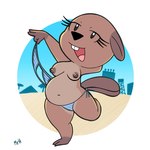 anthro beach bikini bottomwear breasts brown_body brown_fur buckteeth clothed clothing eyelashes female fur hand_behind_head looking_at_viewer nipples open_mouth sand seaside smile solo standing swimwear tail teeth topless two-piece_swimsuit undressing mr_harinezumi maple_(el_senor_erizo) beaver mammal rodent 1:1 hi_res