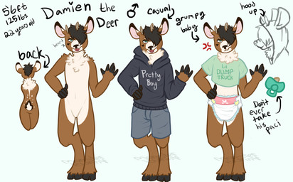 ambiguous_gender anthro bottomwear clean_diaper clothed clothing diaper fur hair hoodie off/on pacifier shorts simple_background solo standing text topwear wearing_diaper monsterbunny deer mammal 2015 archived_source digital_drawing_(artwork) digital_media_(artwork) english_text model_sheet signature
