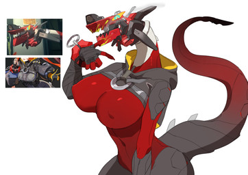 5_fingers alternate_species big_breasts breasts female fingers front_view furrification gun huge_breasts machine navel nipples non-mammal_breasts non-mammal_navel non-mammal_nipples ranged_weapon red_body simple_background solo standing tail weapon white_background wide_hips buta99 mihoyo zenless_zone_zero magus_(zenless_zone_zero) orphie_magnusson animate_inanimate living_gun living_ranged_weapon living_weapon reptile robot robot_anthro scalie 2025 absurd_res digital_drawing_(artwork) digital_media_(artwork) hi_res