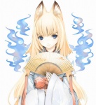 5_fingers asian_clothing blonde_hair blue_eyes blue_fire brown_body brown_fur clothed clothing colored_fire dipstick_ears ear_markings east_asian_clothing female fingers fire front_view fully_clothed fur hair hand_fan haneri holding_object humanoid_hands inner_ear_fluff japanese_clothing kimono kitsunebi looking_at_viewer multicolored_ears obi simple_background solo tan_body tan_skin tuft white_background unknown_artist asian_mythology east_asian_mythology mythology wagaya_no_oinari_san tenko_kuugen animal_humanoid canid canid_humanoid canine canine_humanoid fox fox_humanoid fox_spirit humanoid mammal mammal_humanoid