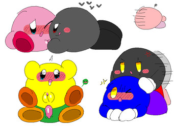 ambiguous_penetration anal anal_penetration blush bodily_fluids drooling female genitals group male penetration penis saliva tongue vulva vulva_rubbing slem kirby_(series) nintendo dark_meta_knight kirby meta_knight shadow_kirby sphere_creature waddling_head 2026 4:3 aliasing digital_media_(artwork)