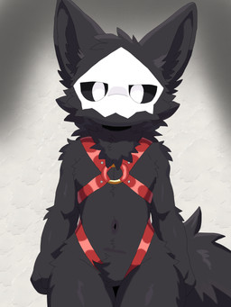 anthro black_body black_fur body_harness bone bone_mask bound dark_body front_view fur harness inner_ear_fluff looking_at_viewer male mask navel neck_tuft skull skull_mask solo standing tail tuft white_eyes sairun changed_(video_game) puro_(changed) canid canine canis dark_latex mammal wolf 2026 3:4 absurd_res hi_res