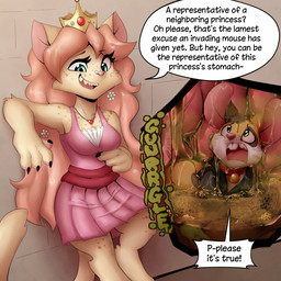 accessory anthro bodily_fluids breasts cat_tail claws clothed clothing collar crown digestion dress duo eyelashes female flower flower_in_hair freckled_chest freckled_face freckled_shoulders freckles hair hair_accessory headgear jewelry long_eyelashes long_hair male male/female necklace organs plant rumbling_stomach sharp_teeth small_breasts stomach stomach_acid teeth toe_claws vore muhny princess_nino_(muhny) domestic_cat felid feline felis mammal mouse murid murine rodent 1:1