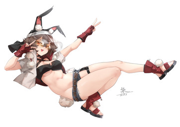 belt black_clothing black_topwear bottomwear breasts brown_hair clothing female fingerless_gloves footwear gesture gloves hair hand_gesture handwear hat headgear headwear jacket looking_at_viewer navel open_mouth red_clothing red_gloves red_handwear shoes shorts simple_background smile solo tail topwear under_boob v_sign white_background white_clothing white_jacket white_topwear hinanawi_mika arknights hypergryph studio_montagne caper_(arknights) animal_humanoid humanoid lagomorph lagomorph_humanoid leporid_humanoid mammal mammal_humanoid rabbit_humanoid 2024 absurd_res digital_media_(artwork) hi_res