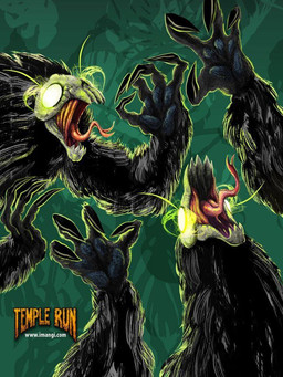 ambiguous_gender black_body black_fur bone bone_mask claws duo feral fur glowing glowing_eyes green_background green_eyes logo mask muscular pawpads simple_background skull skull_mask text tree_background kiril_tchangov temple_run demon evil_demon_monkeys haplorhine mammal monkey monster primate 2011 digital_drawing_(artwork) digital_media_(artwork) official_art promotional_material url wallpaper