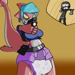 aiming_at_viewer aiming_gun belt belt_pouch blue_hair clothed clothing diaper duo ear_piercing female gun hair piercing ranged_weapon solo weapon wearing_diaper puffduck fish human mammal marine shark 1:1 hi_res