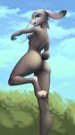 abstract_background anthro breasts buckteeth butt electronics female fur grey_body grey_fur headphones jogging looking_at_viewer looking_back nipples nude open_mouth outside portable_music_player purple_eyes small_breasts solo standing teeth anchors_art_studio disney zootopia judy_hopps lagomorph leporid mammal rabbit 2016 hi_res