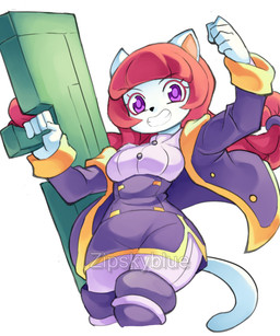 5_fingers anthro biped clothing female female_anthro fingers fur holding_object holding_weapon purple_clothing purple_eyes smile solo tail weapon white_body white_fur zipskyblue kyoko_(zipskyblue) felid feline mammal 5:6 absurd_res hi_res