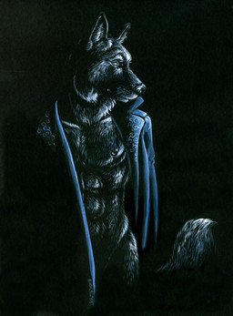 abs anthro black_background black_body black_fur blue_eyes clothed clothing dark fur male muscular muscular_anthro muscular_male night nipples open_clothing open_shirt open_topwear pecs shirt simple_background solo tail topwear heather_bruton canid canine canis mammal wolf 2009 monochrome