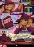 anthro big_breasts book breasts clothed clothing comic dialogue english_text female fur hat headgear headwear hi_res lagomorph leporid magic magic_staff mammal neo_geppetto nipple_outline purple_clothing rabbit reading red_body red_fur renae_(neo_geppetto) solo text wizard_hat