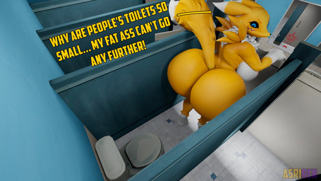 anthro bathroom big_breasts big_butt black_nose black_sclera blue_eyes breasts butt dialogue dipstick_ears dipstick_tail ear_markings facial_markings female fur head_markings huge_breasts huge_butt huge_thighs hyper hyper_butt imminent_fart looking_back markings multicolored_ears multicolored_tail neck_tuft nipples nude public_restroom pupils solo stuck stuck_in_door tail tail_markings text thick_thighs toilet tuft white_body white_fur wide_hips yellow_body yellow_fur asriren warfaremachine_(modeler) bandai_namco digimon warfare_renamon canid canine digimon_(species) mammal renamon 16:9 2022 3d_(artwork) 4k absurd_res blender_(artwork) digital_media_(artwork) english_text hi_res watermark widescreen